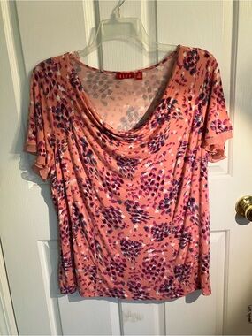 ELLE Peach Short-Sleeve Floral Drape Neck Blouse